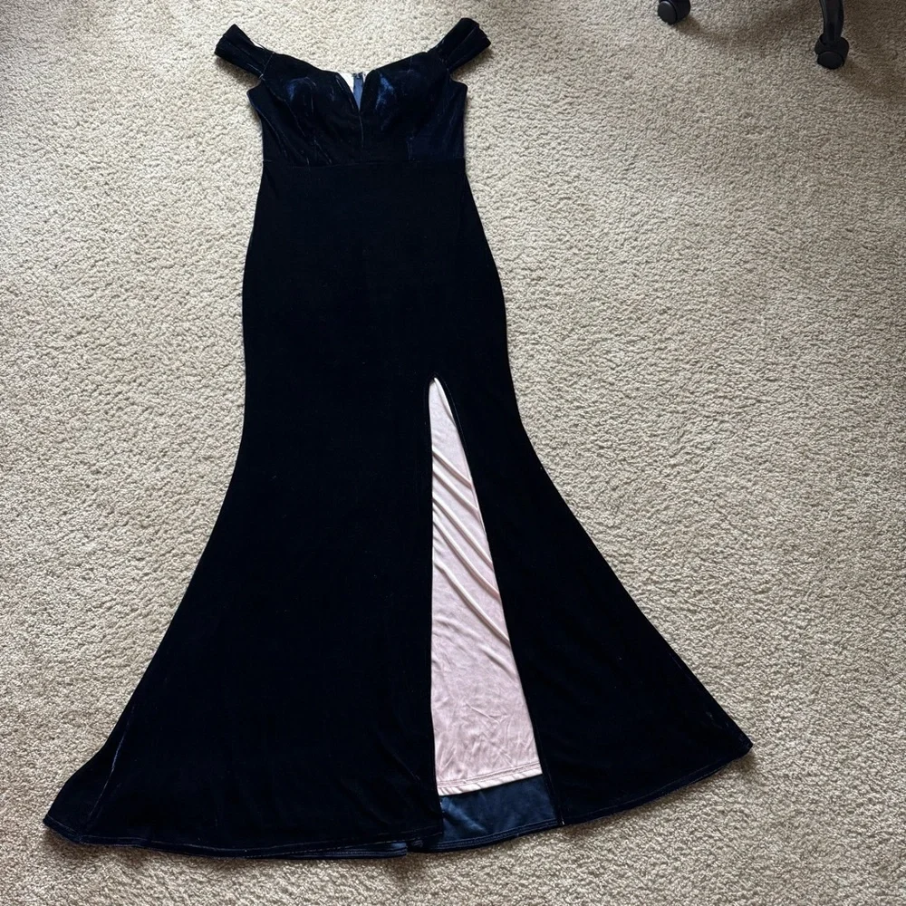 City Vibe Juniors Blue Velvet Dress 11 Maxi Evening Gown Off Shoulder High Slit